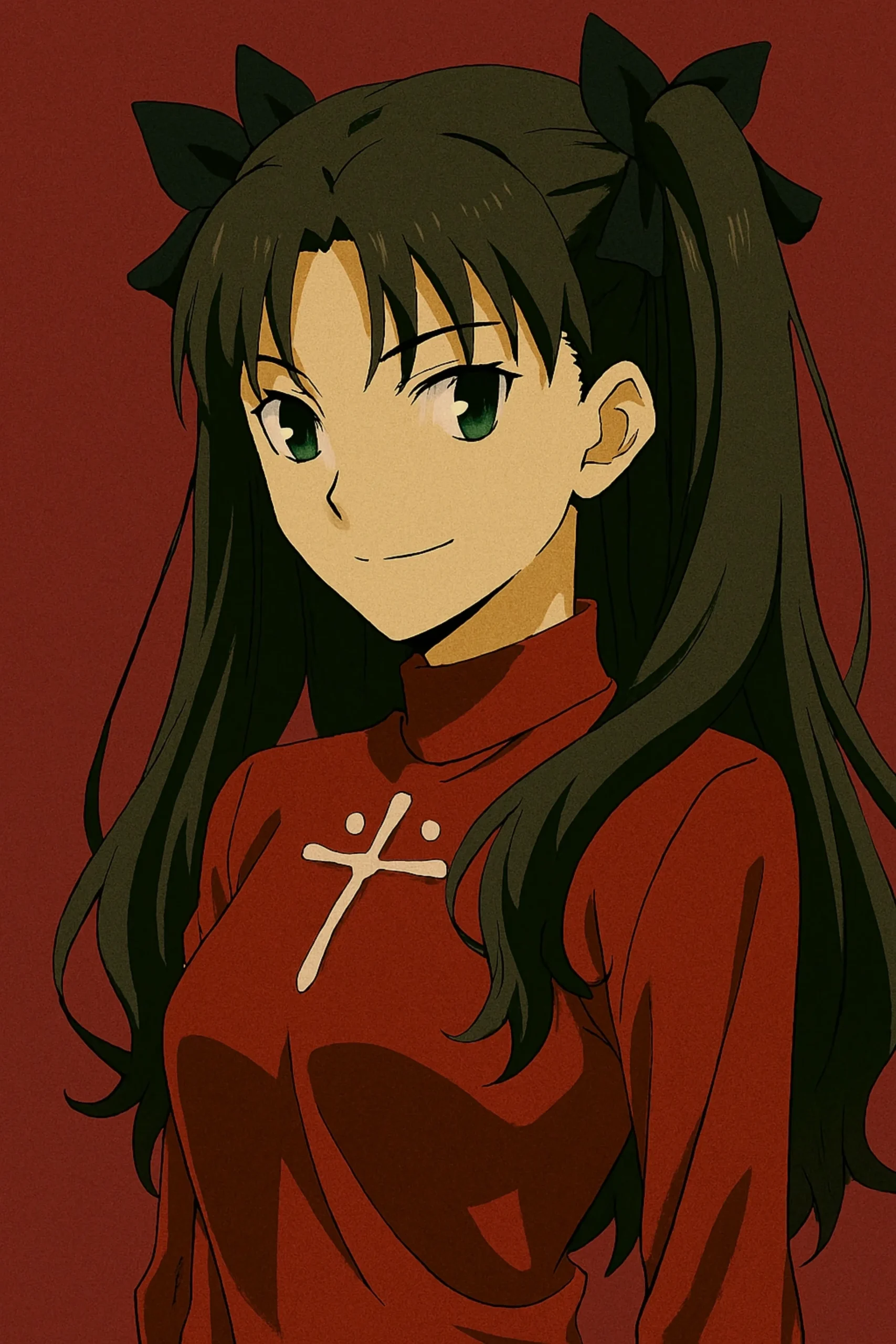 Best Anime Waifu Characters - Rin Tohsaka from the Fate series, a resourceful magus with long, wavy black hair styled in twin tails with black ribbons and aqua-colored eyes, wearing her iconic red turtleneck, black skirt, and thigh-high stockings.