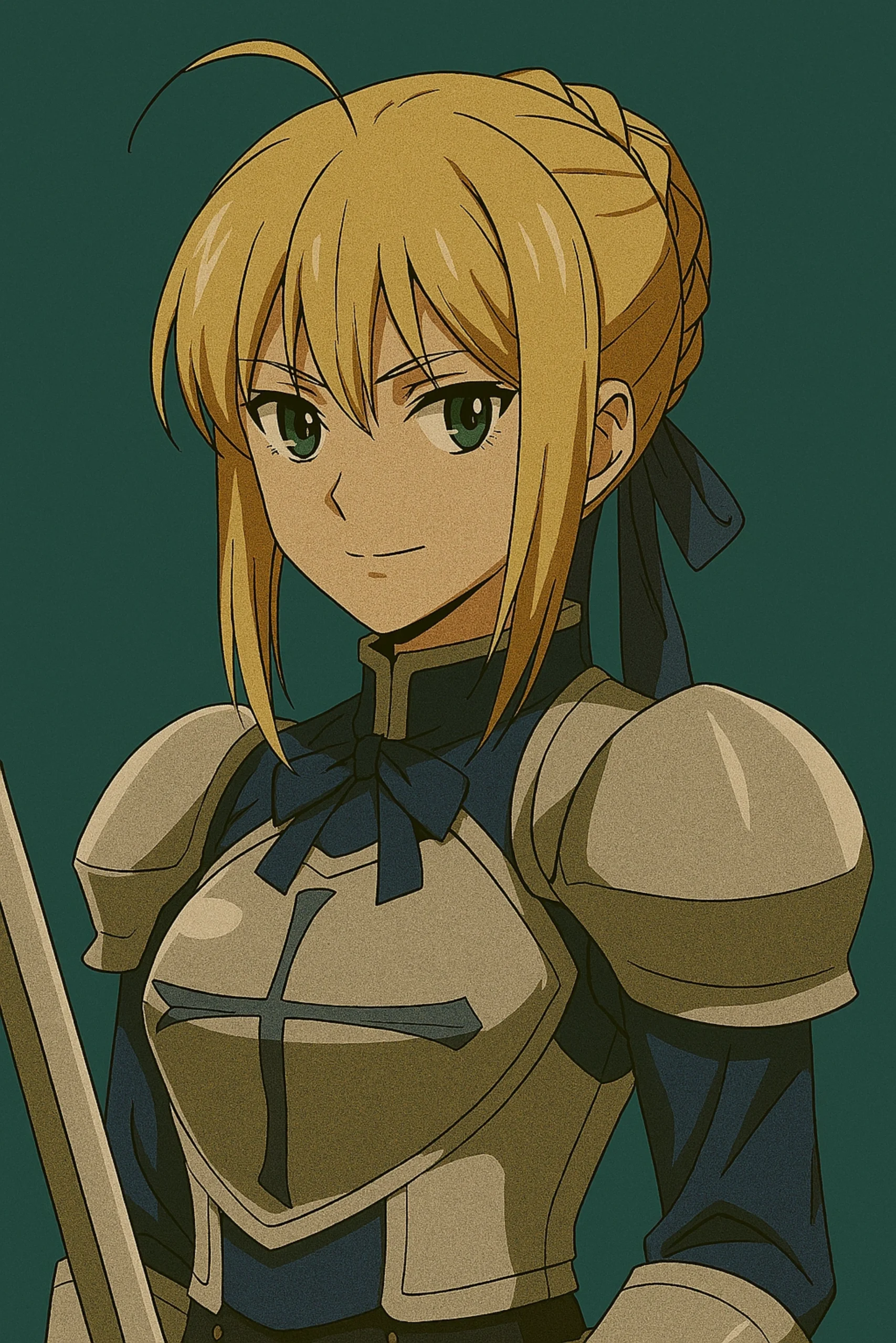 Best Anime Waifu Characters - Saber (Artoria Pendragon) from the Fate series, a noble and powerful warrior with blonde hair styled in a bun with a blue ribbon and green eyes, clad in silver and blue armor and wielding the invisible sword, Excalibur.