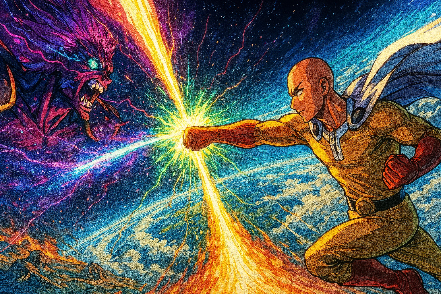 A visually stunning anime fight showcasing Saitama's 'Serious Punch' overpowering Lord Boros's planet-destroying beam in a cosmic-level battle