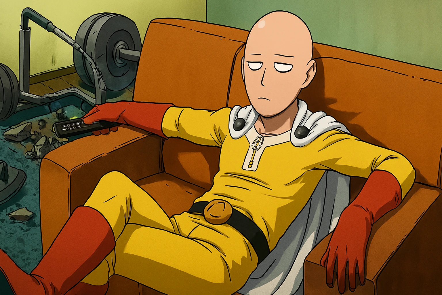 Overpowered hero relaxing on a couch, bored with his power, slice-of-life scene from One Punch Man anime.