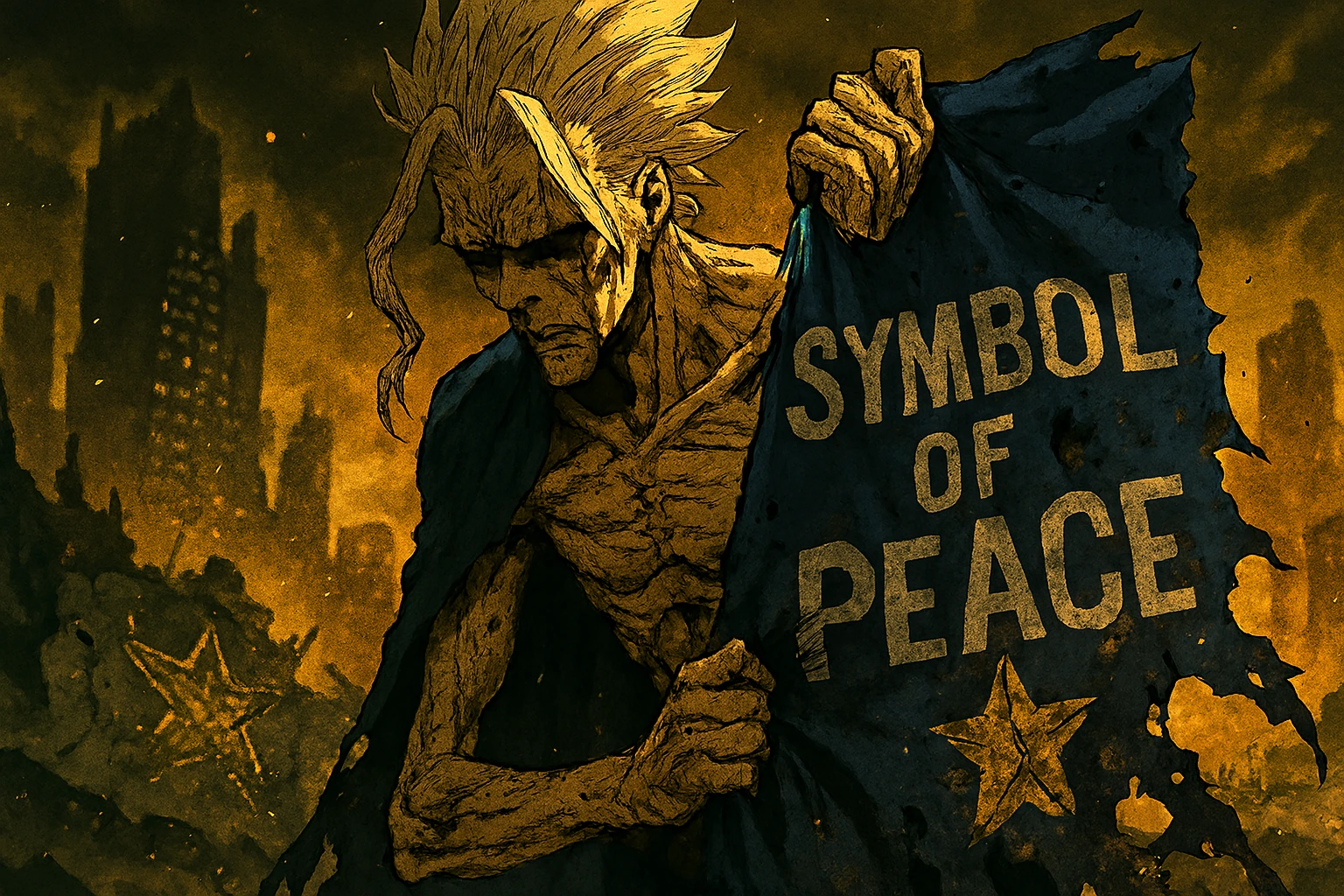 The Price of Power: All Might's broken form, embodying the sacrifice required by the Anime Sensei Role.
