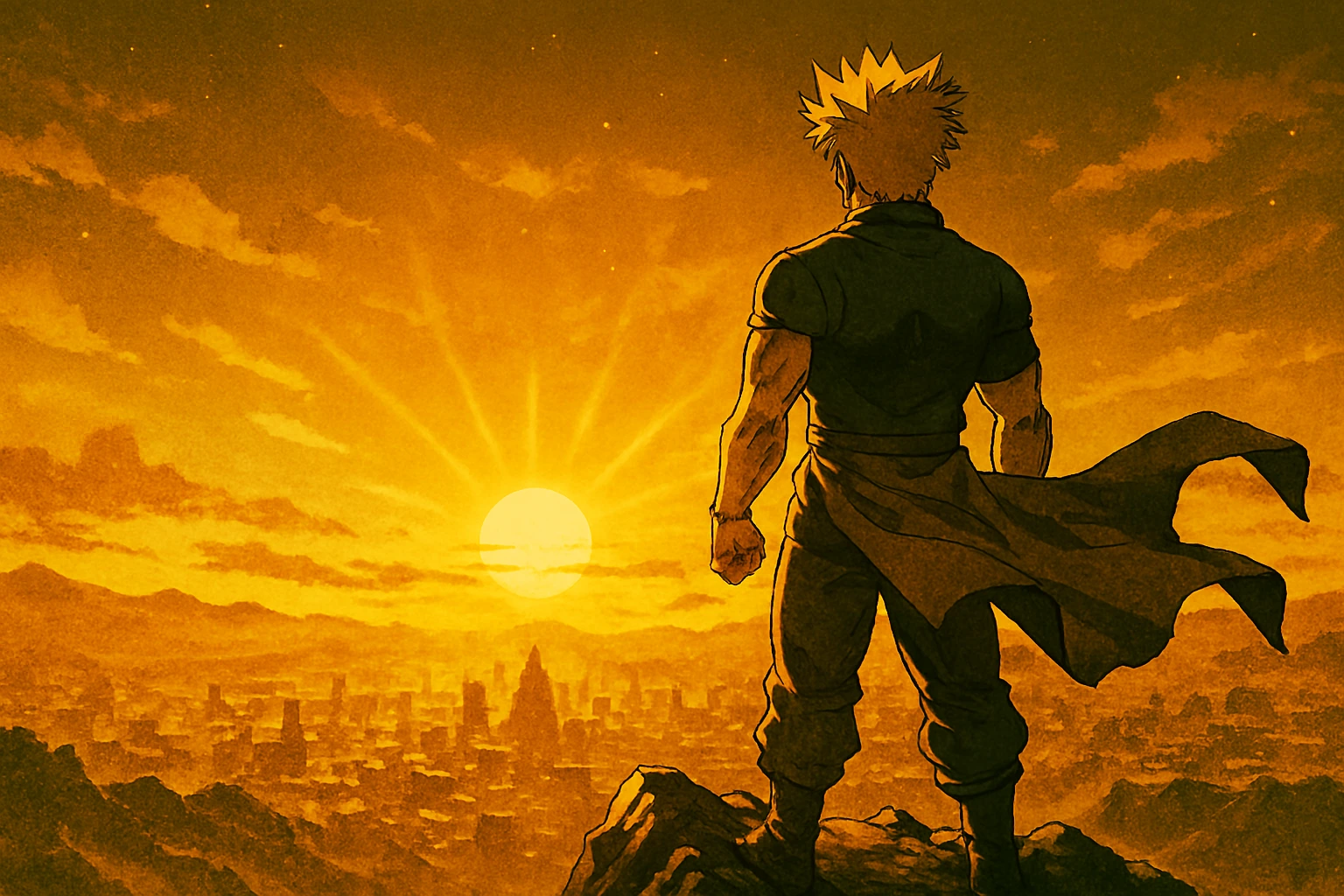 Enduring Legacy: Adult shonen hero standing powerful and independent, the final achievement of the Anime Sensei Role.