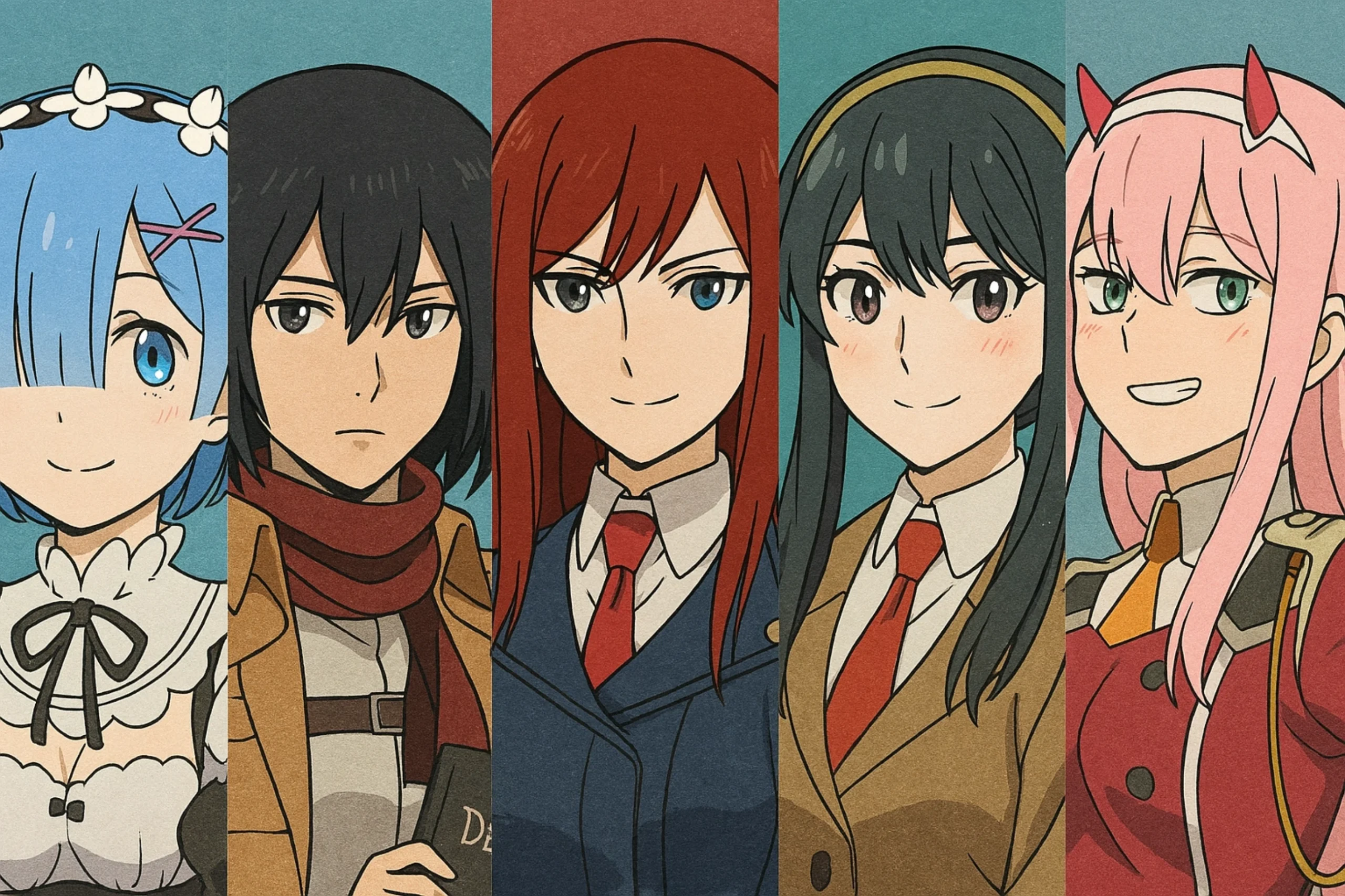 Best Anime Waifu Characters - A vibrant collage of the most popular female anime characters. Prominently featured are Rem from Re:Zero, Zero Two from Darling in the Franxx, Makise Kurisu from Steins;Gate, and Mikasa Ackerman from Attack on Titan, all set against a dynamic background.