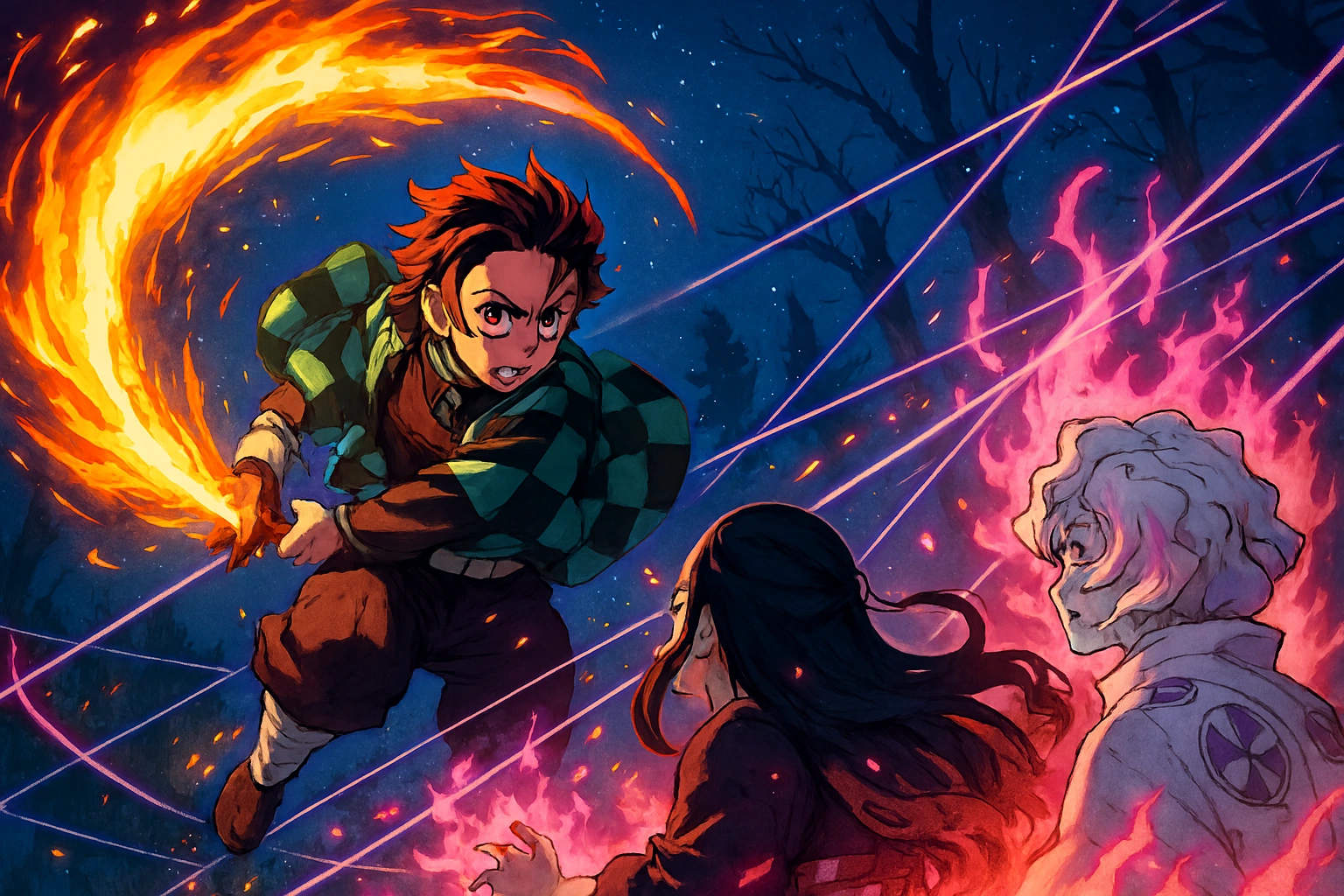 Tanjiro from Demon Slayer using the breathtaking Hinokami Kagura against Rui, a scene famous for its god-tier animation and one of the best anime fight scenes.