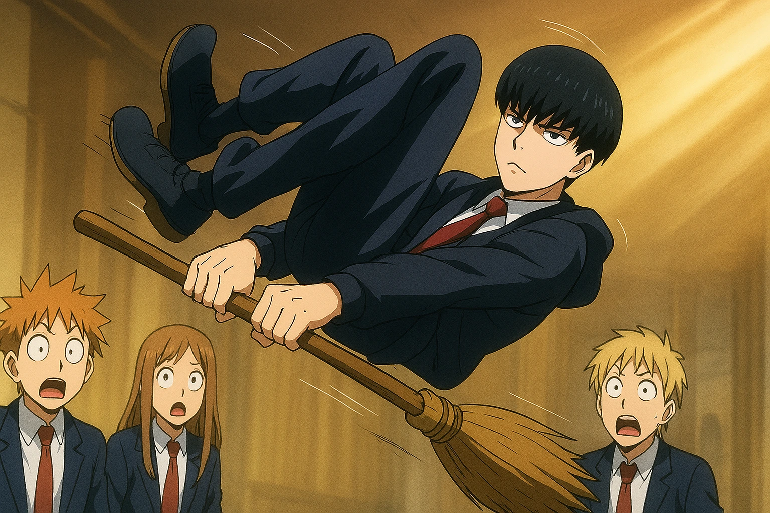 Mash Burndead from Mashle with a deadpan expression, furiously pedaling his broomstick with his legs as his shocked classmates watch in disbelief.