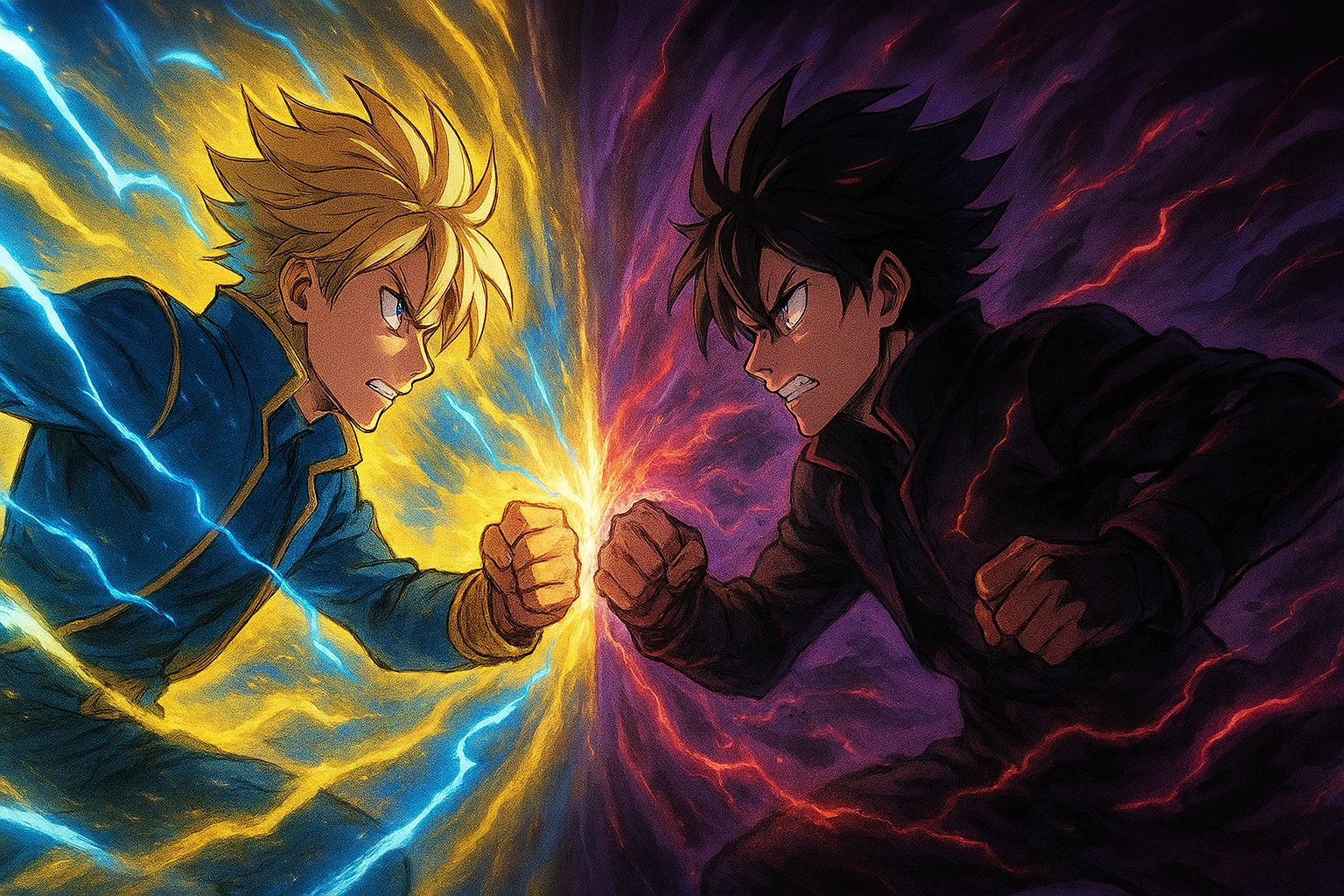 An anime illustration of the rival trope, showing two young rivals clashing fists with swirling auras, representing the start of a fated rivalry.