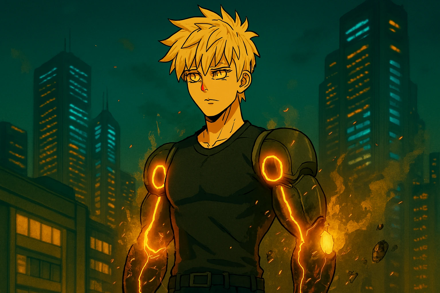 Futuristic anime cyborg glowing with mechanical energy, inspired by Genos from One Punch Man anime.