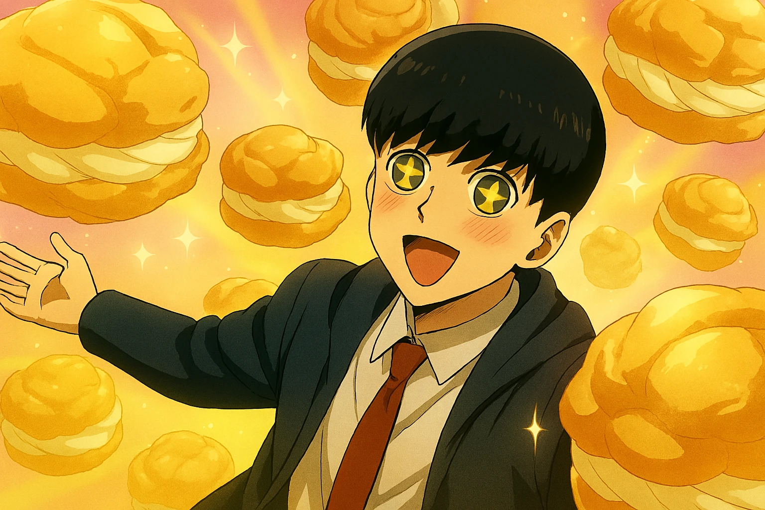  A blissful Mash Burndead from Mashle with sparkling happy eyes, floating in a dream-like scene completely surrounded by his beloved cream puffs.