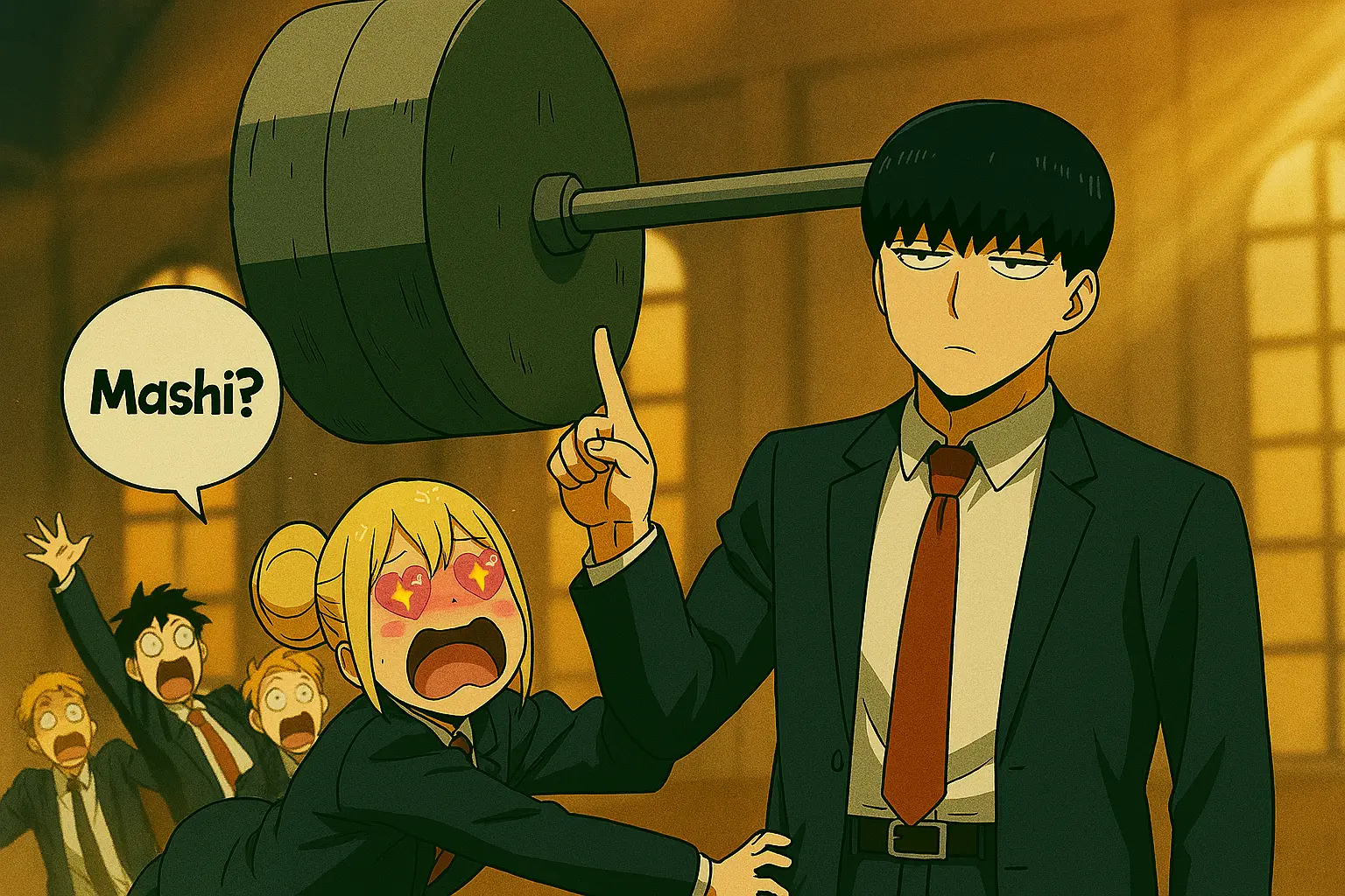 A bored-looking Mash Burndead effortlessly lifting a ridiculously oversized barbell with one hand during the Divine Visionary test in Mashle. 