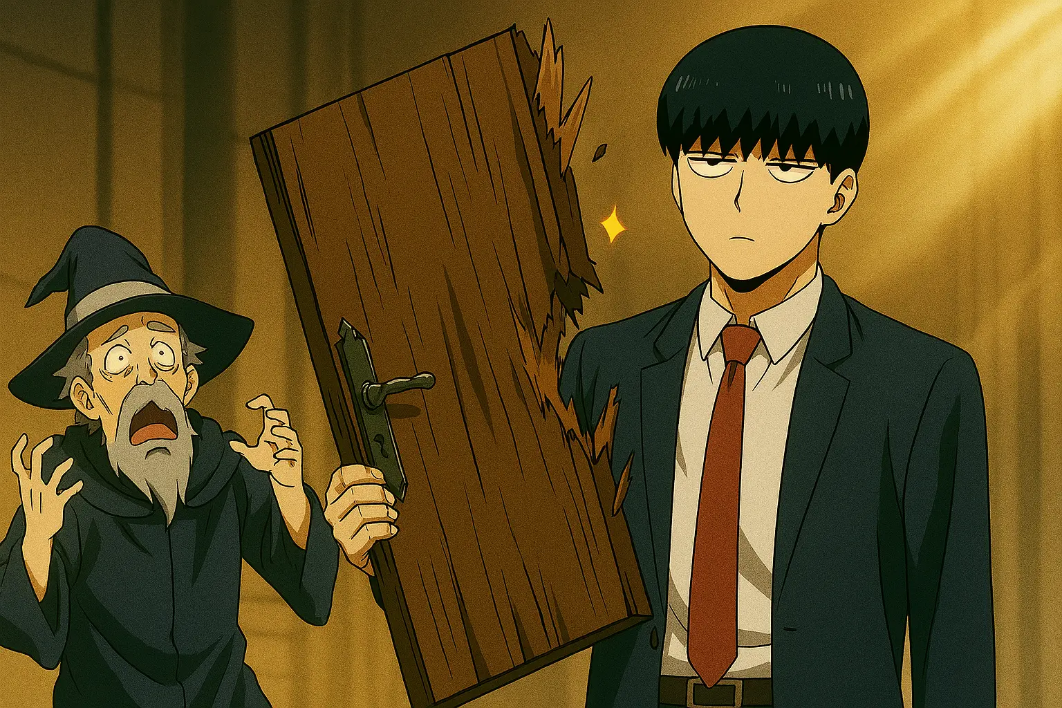 An unfazed Mash Burndead from Mashle holding a completely ripped-off door in one hand, while a magic instructor reacts with horror.
