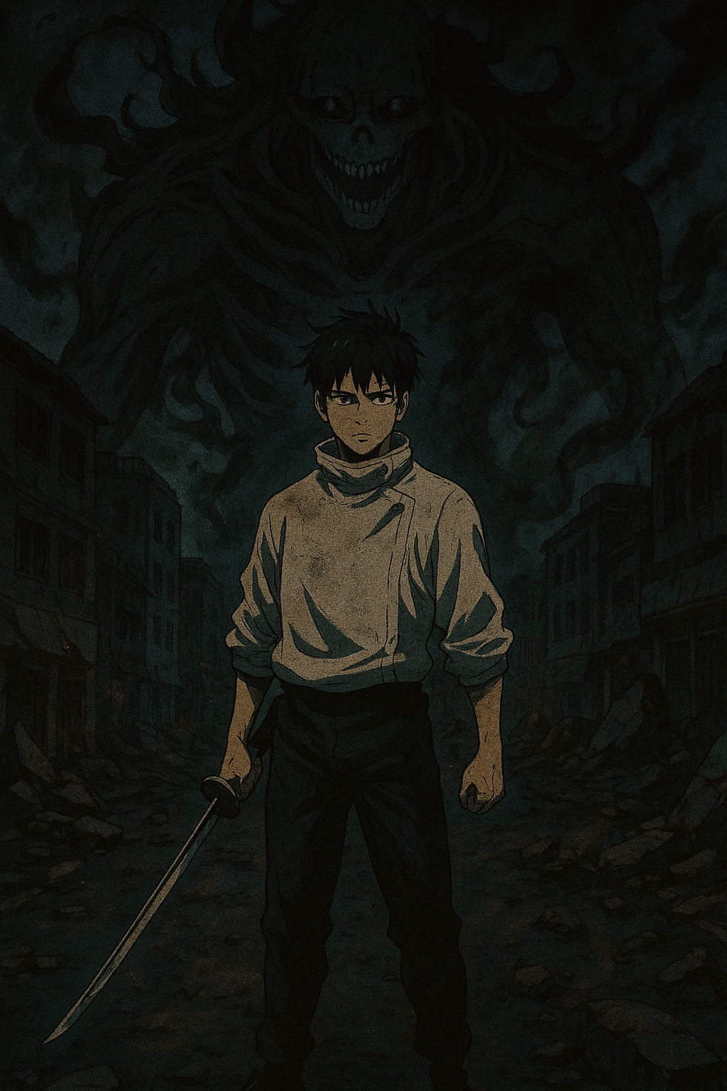 Dramatic portrait of Yuta Okkotsu with his katana drawn, a resolute expression on his face, and a shadowy Rika aura behind him. His return is a major highlight for Jujutsu Kaisen Season 3 and the Culling Game