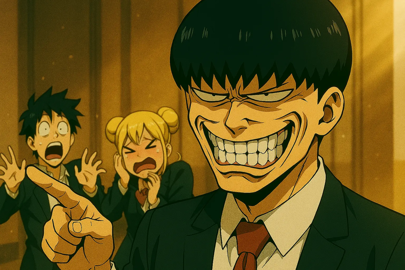 Mash Burndead's terrifying and demonic attempt at a friendly smile in Mashle, causing Finn and Lemon to recoil with comical fear.
