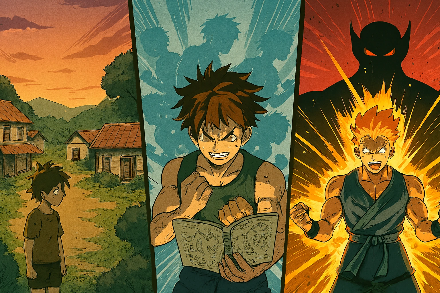 Visual representation of the Shonen Protagonist Trope, showing the evolution, transformation, Nakama, and grit of the archetypal anime hero