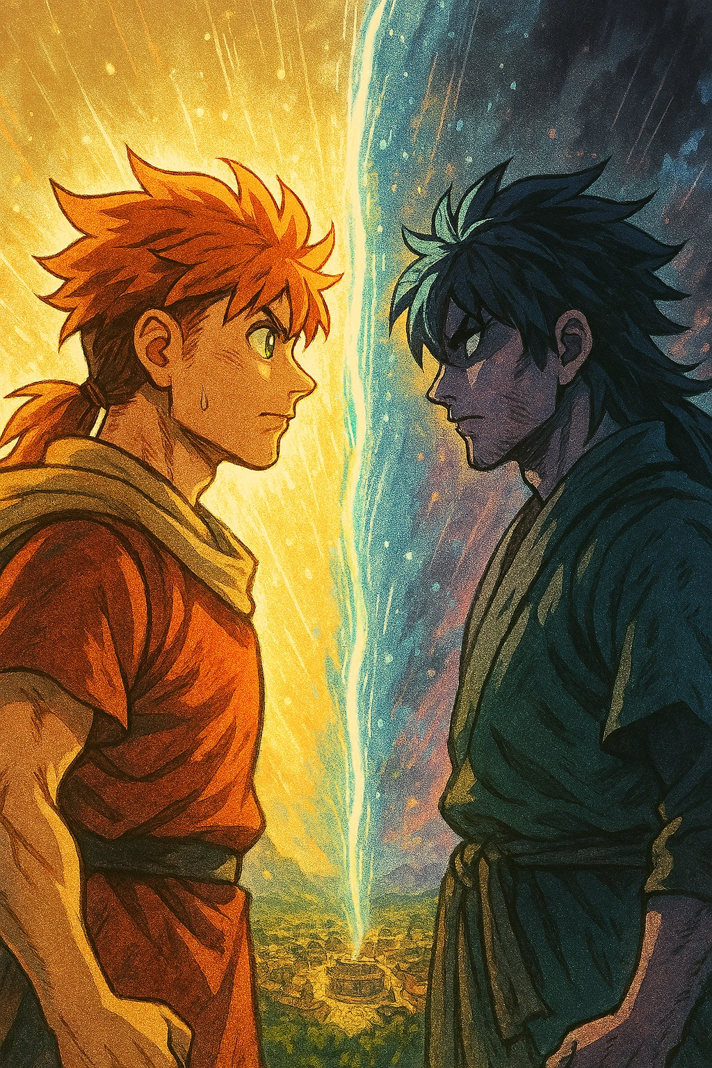 An illustration of the rival trope's function as a foil, showing a hero and his rival separated by an energy divide representing their different paths.