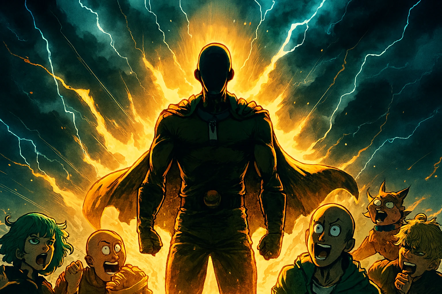 Dramatic anime poster of a glowing hero silhouette showing the excitement for One Punch Man anime Season 3.