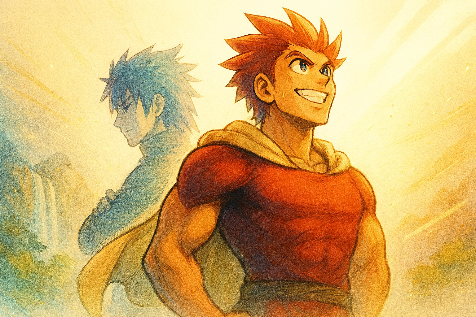 A triumphant hero smiles forward with his rival's faint image behind him, symbolizing the core theme of the rival trope: the rival's essential role.