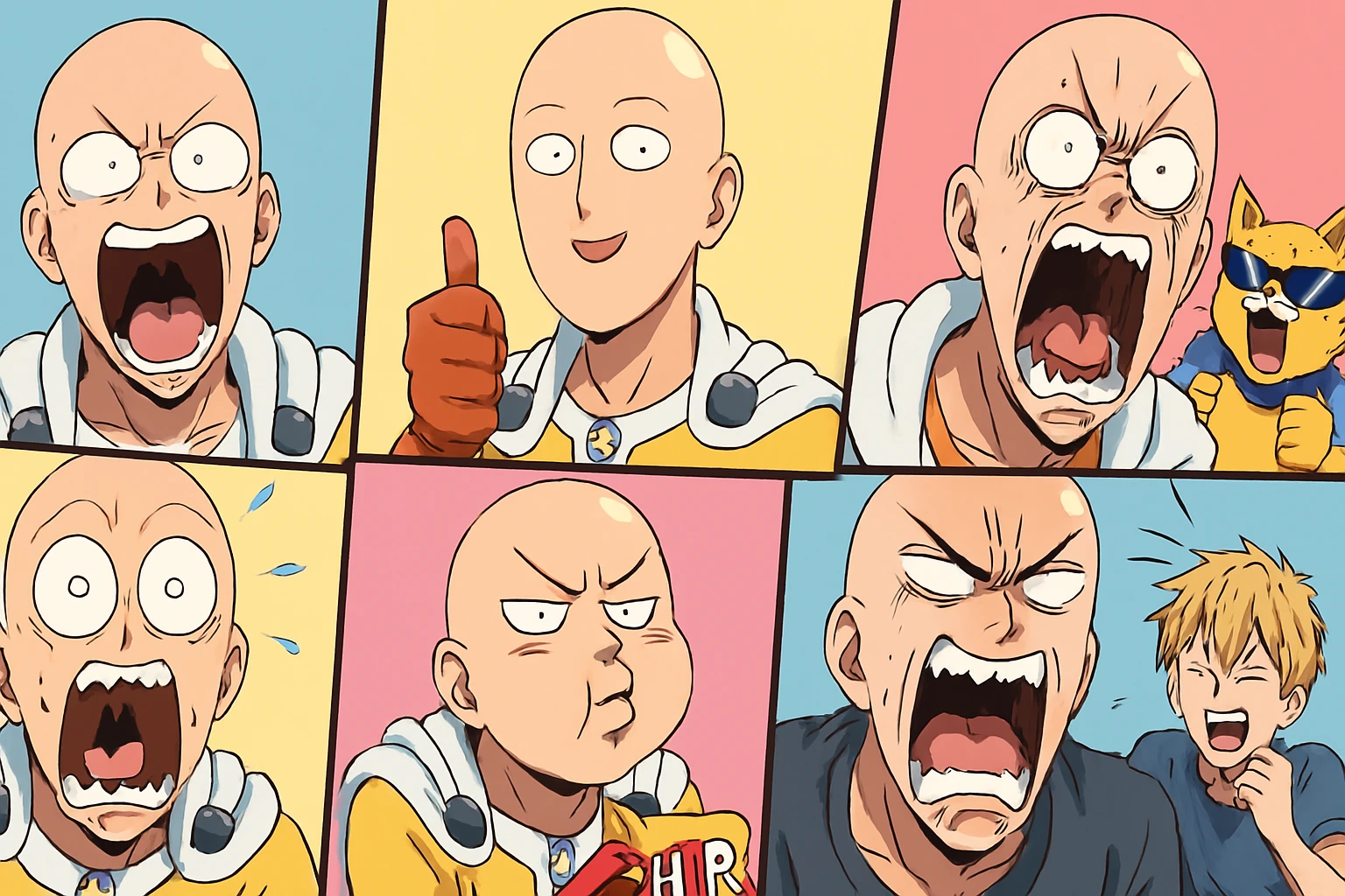 Funny anime reaction collage symbolizing the viral meme culture around One Punch Man anime.