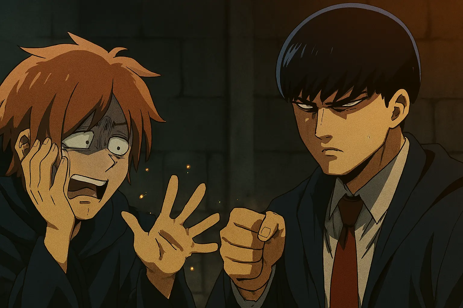 Mash Burndead playing Paper-Rock-Scissors with life-or-death intensity, terrifying his opponent in a funny and intense Mashle scene. 