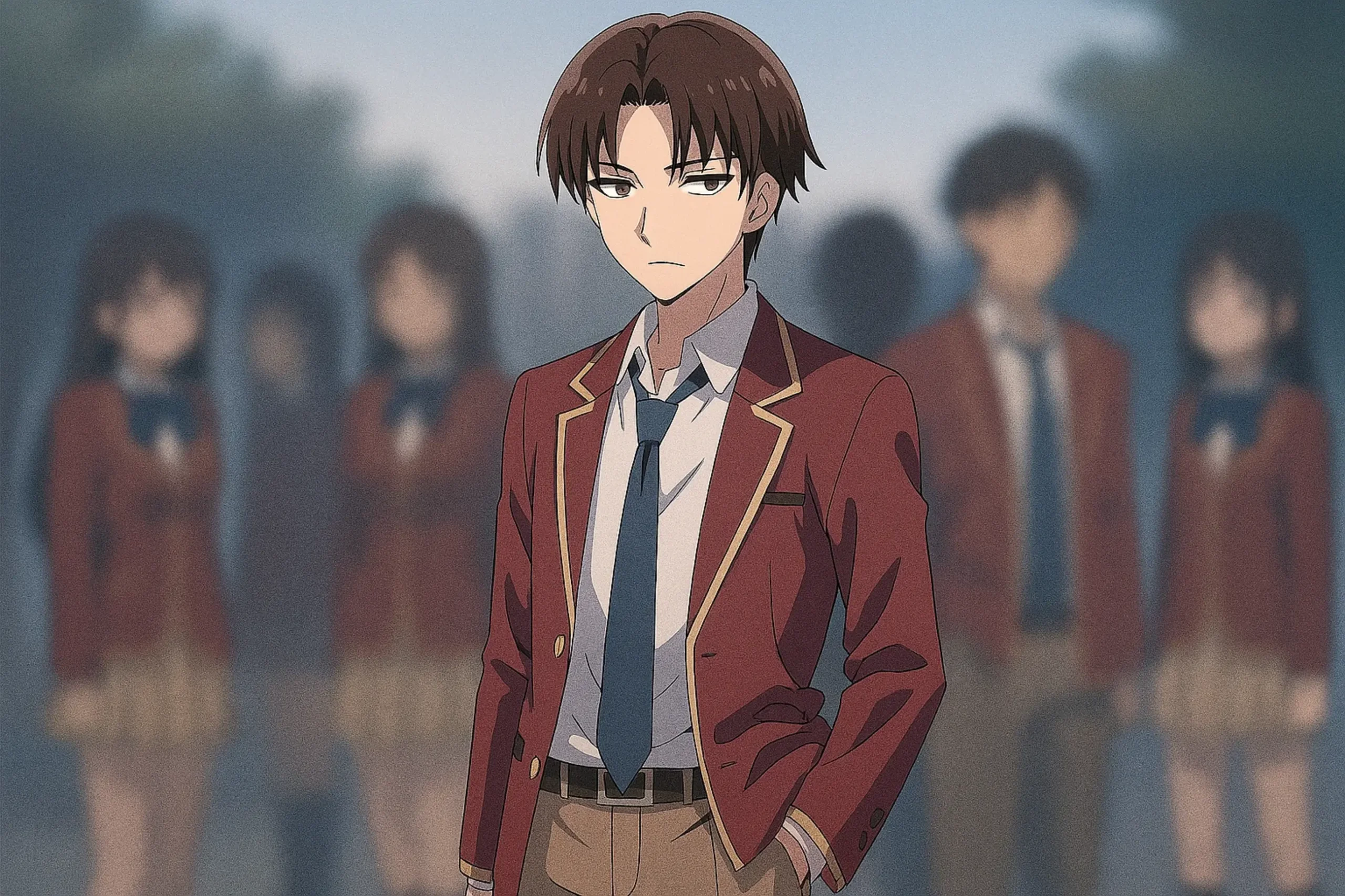 Kiyotaka Ayanokoji standing apart from blurry classmates, displaying an indifferent expression and mysterious aura, embodying the psychological profile of a genius loner trope.