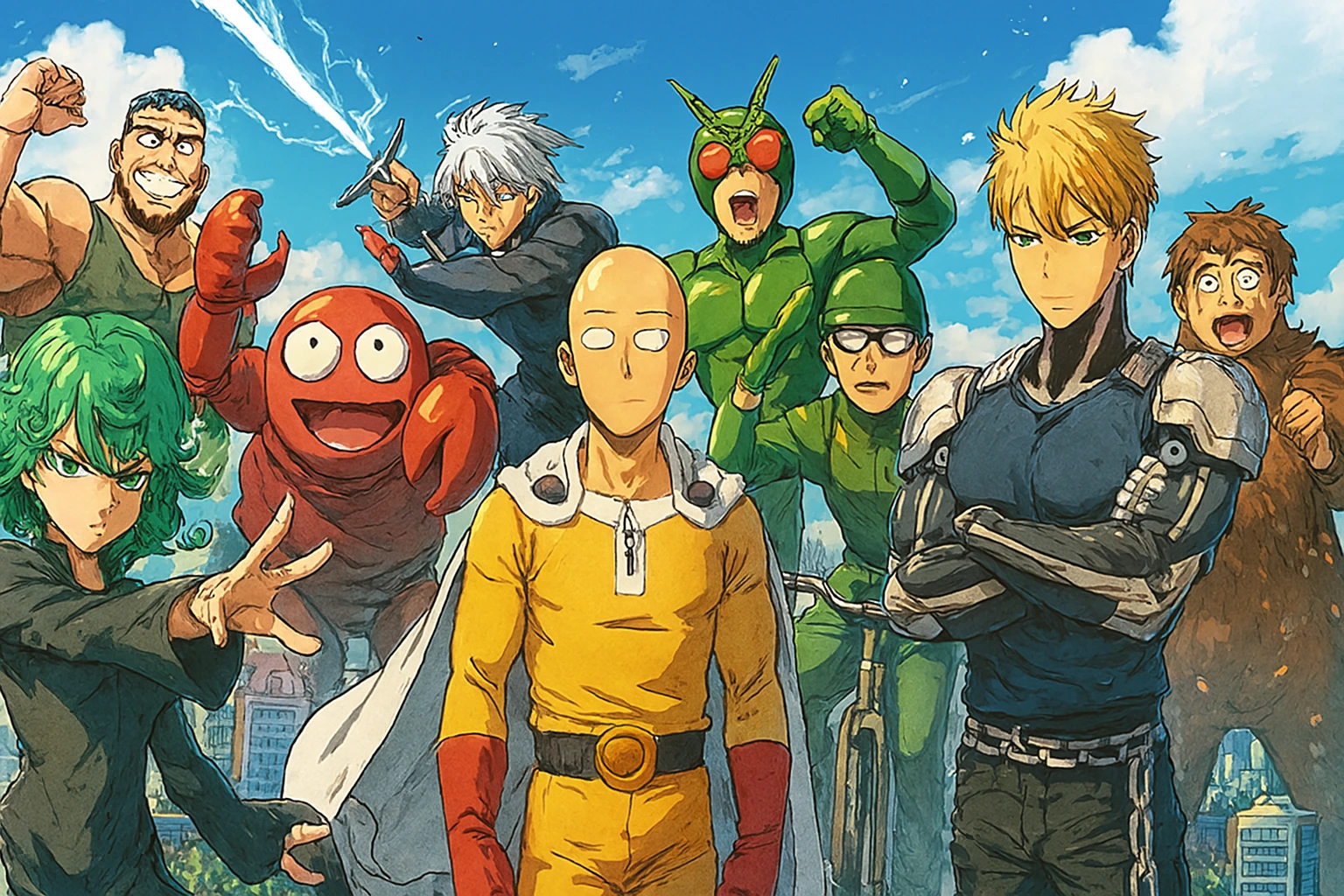 Group of diverse anime heroes showcasing the fun and creativity of One Punch Man anime’s side characters.