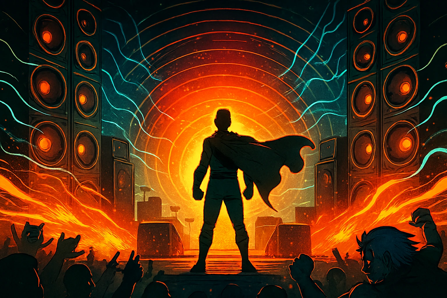 Anime hero standing under stage lights with soundwaves radiating — symbolic of One Punch Man anime’s epic soundtrack.