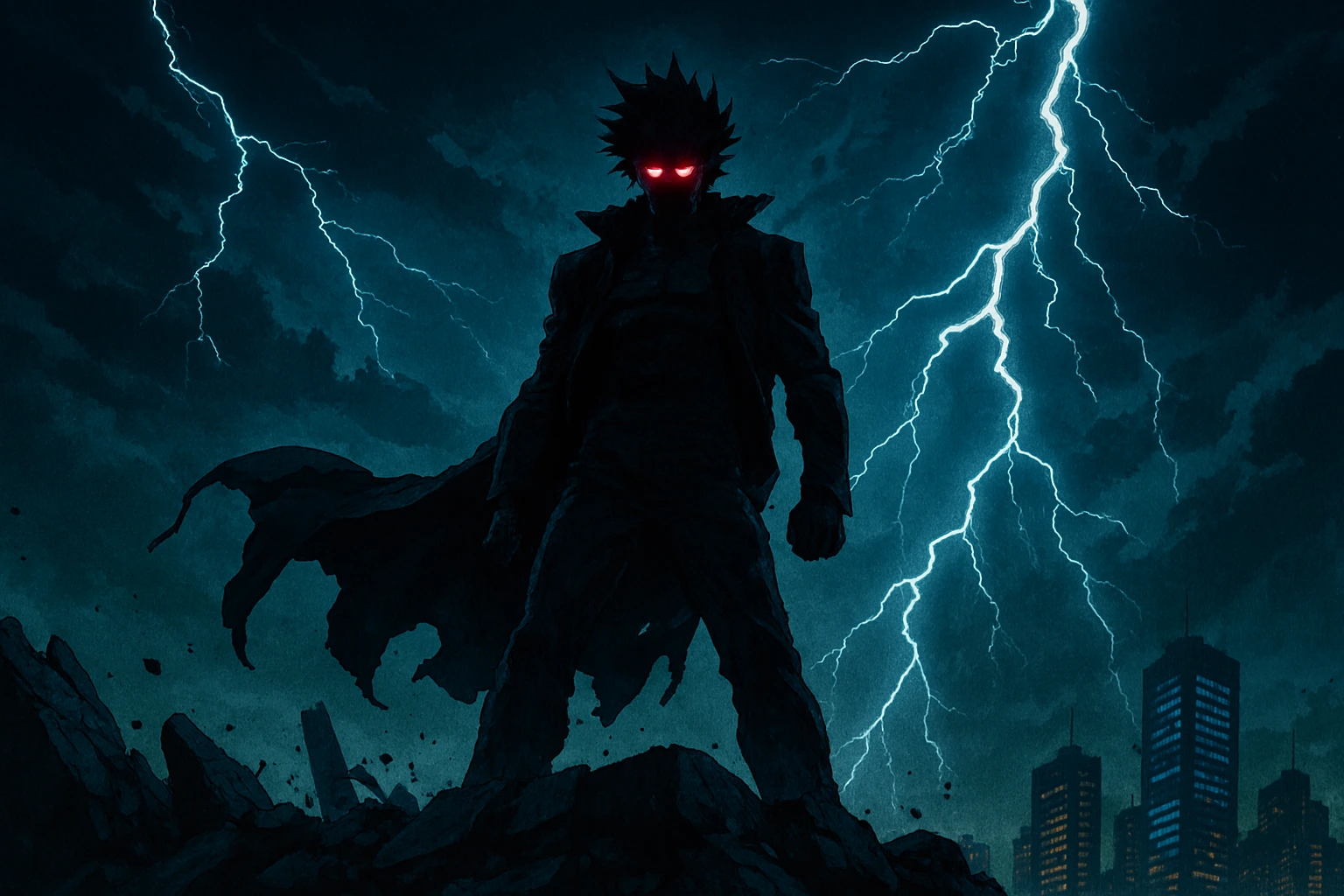 Powerful anime villain surrounded by destruction and lightning, showcasing the menacing foes of One Punch Man anime.