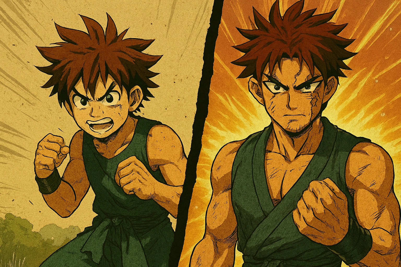 Visual representation of the Shonen Protagonist Trope, showing the evolution, transformation, Nakama, and grit of the archetypal anime hero