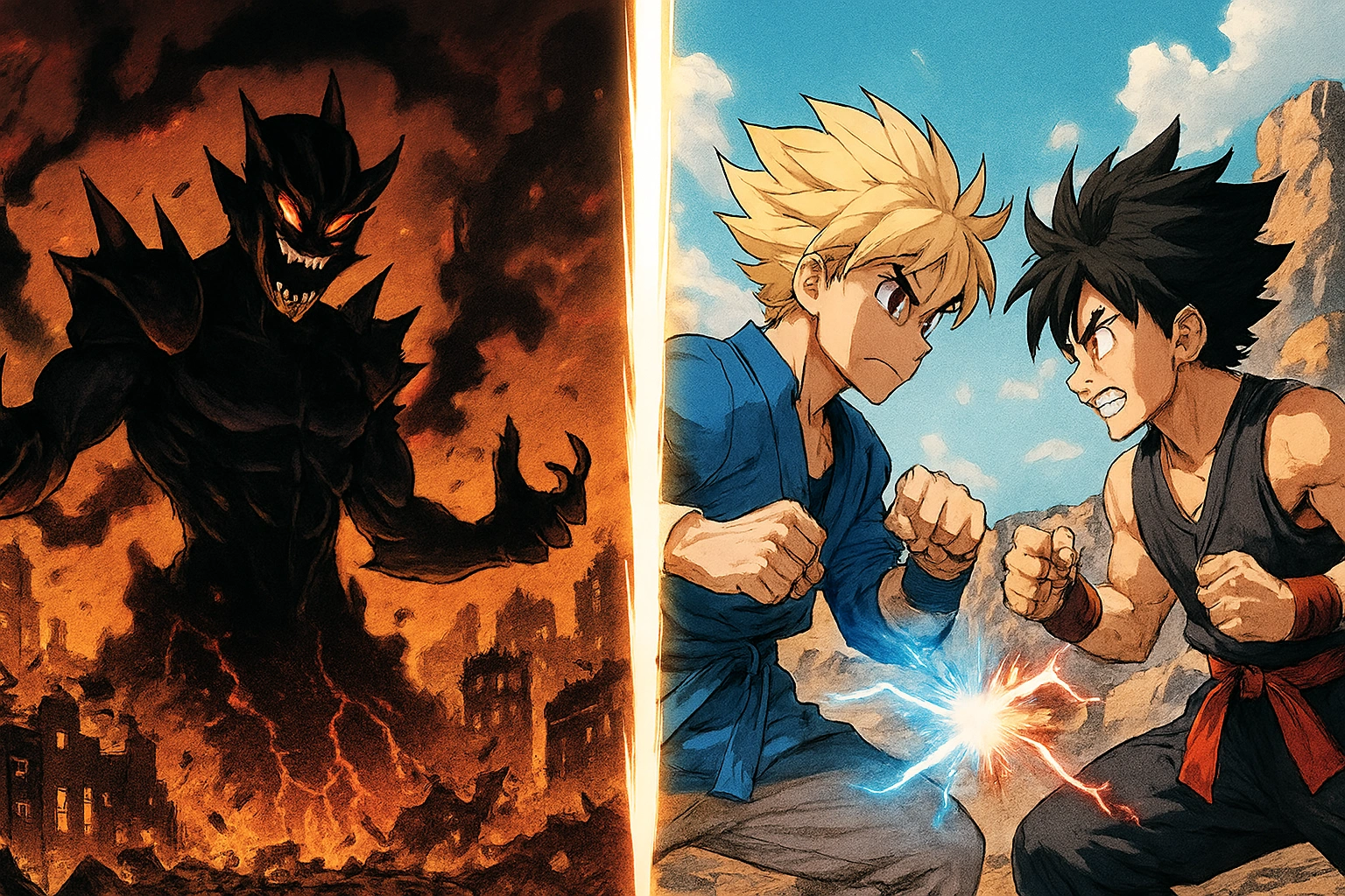 A split-panel image distinguishing the rival trope: on the left, a demonic villain brings destruction; on the right, two rivals compete respectfully. 