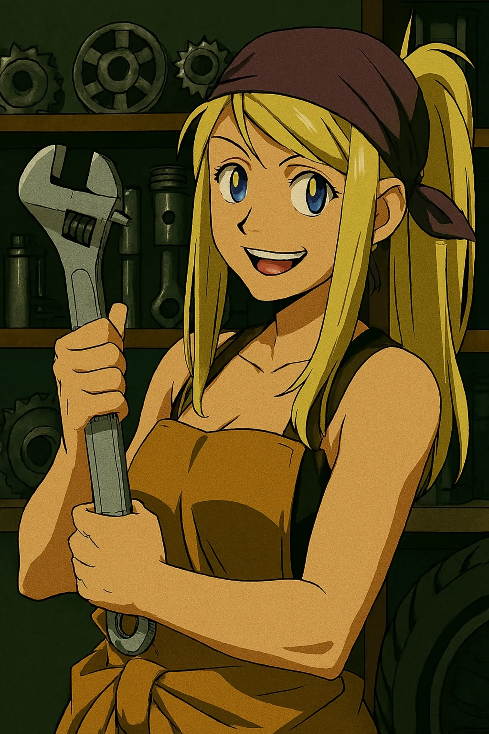 Best Anime Waifu Characters - Winry Rockbell from Fullmetal Alchemist, a young female mechanic with long blonde hair tied up in a ponytail and blue eyes, often seen wearing a black tube top, green pants, and a bandana.