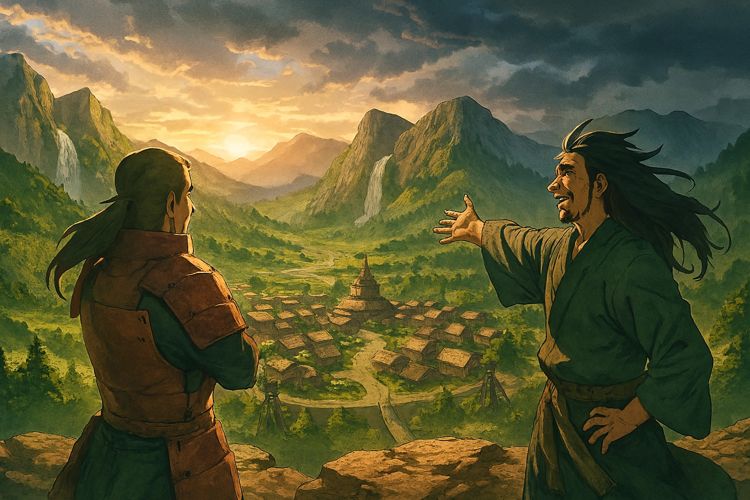 Hashirama and Madara overlooking Konoha, an image representing how a world-shaping rival trope can create civilizations.