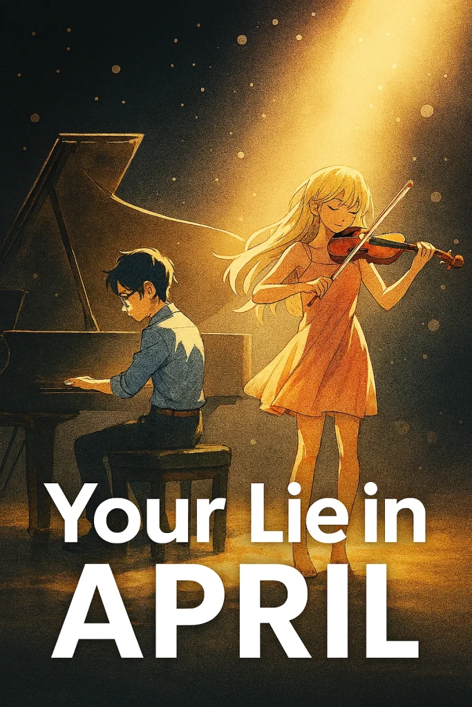 Kosei Arima and Kaori Miyazono performing music – emotional romance anime for beginners.