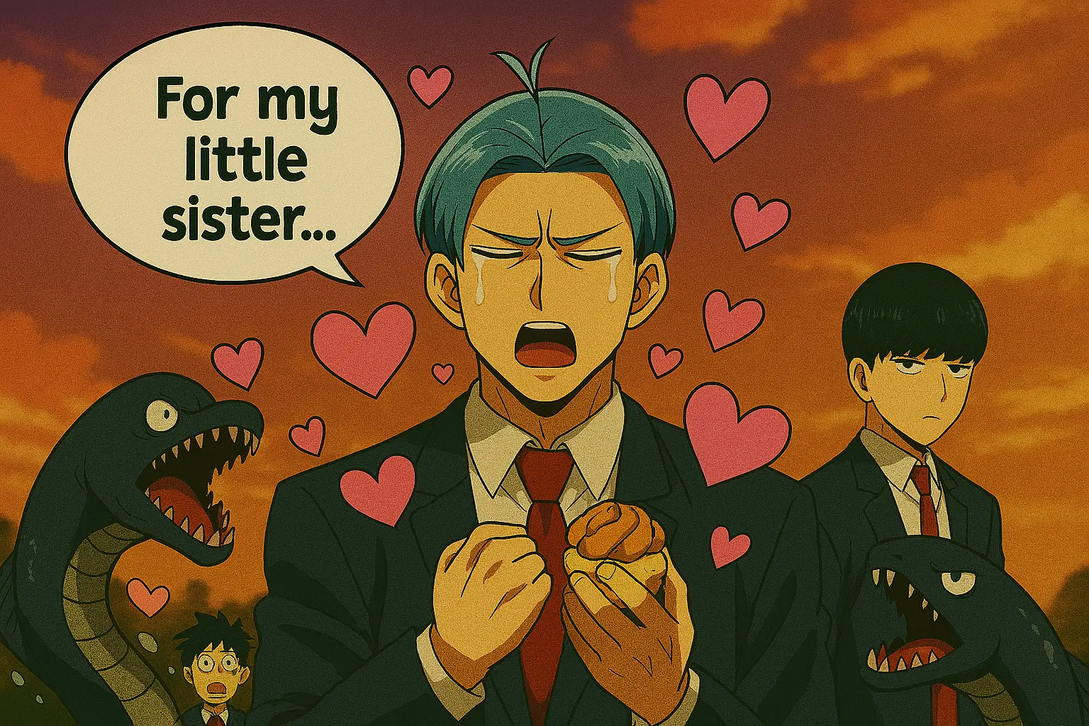 Lance Crown getting overly emotional and crying about his little sister, surrounded by floating pink hearts in a classic funny Mashle scene.