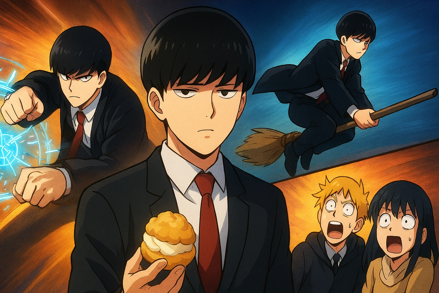 A vibrant collage of the funniest Mashle scenes, featuring Mash Burndead and his friends in various comical situations like flying on a broom and eating cream puffs.
