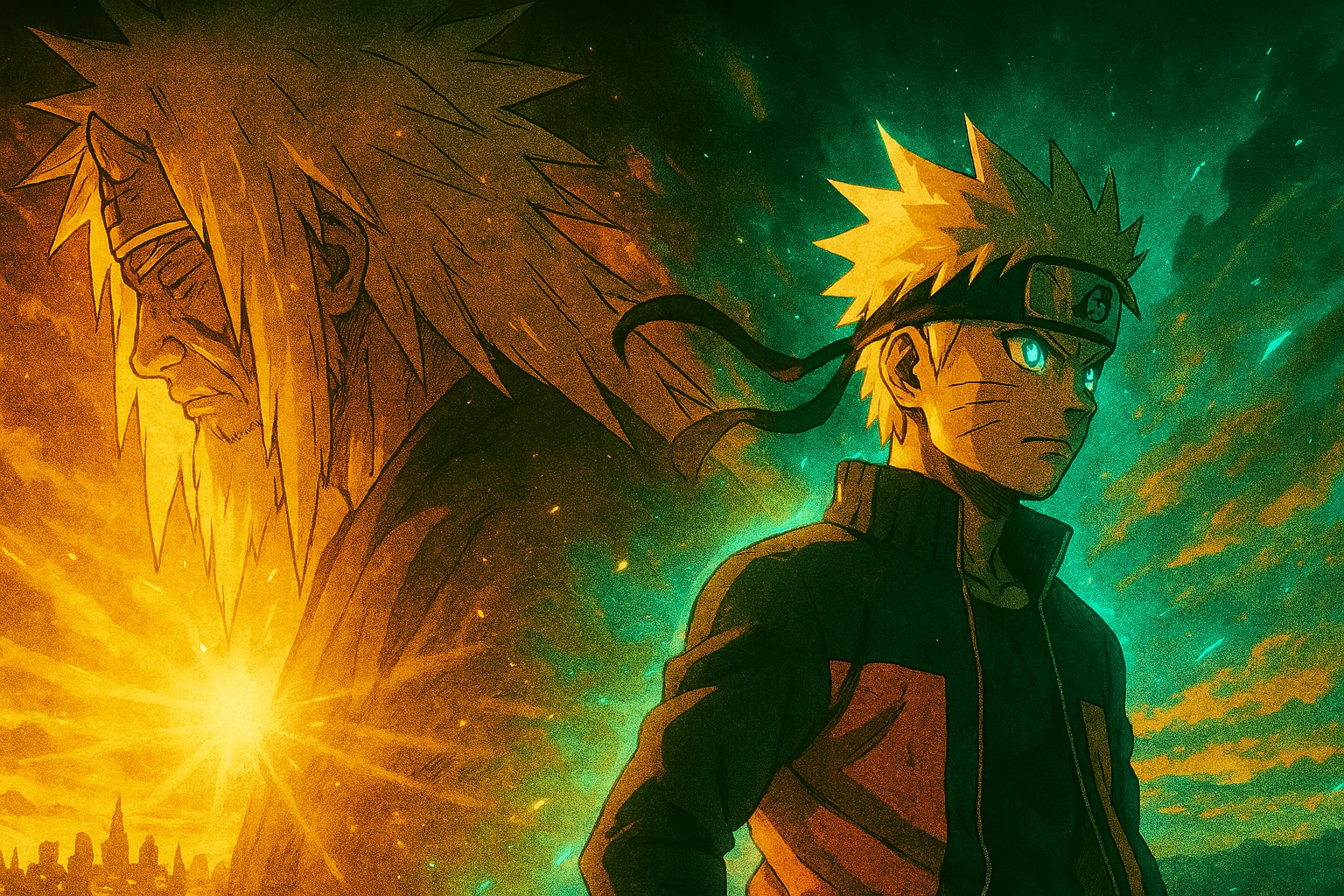 Cinematic illustration capturing the Anime Sensei Role in guiding the determined shonen hero.