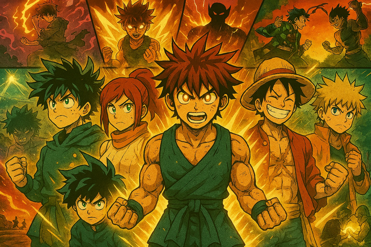 Visual representation of the Shonen Protagonist Trope, showing the evolution, transformation, Nakama, and grit of the archetypal anime hero