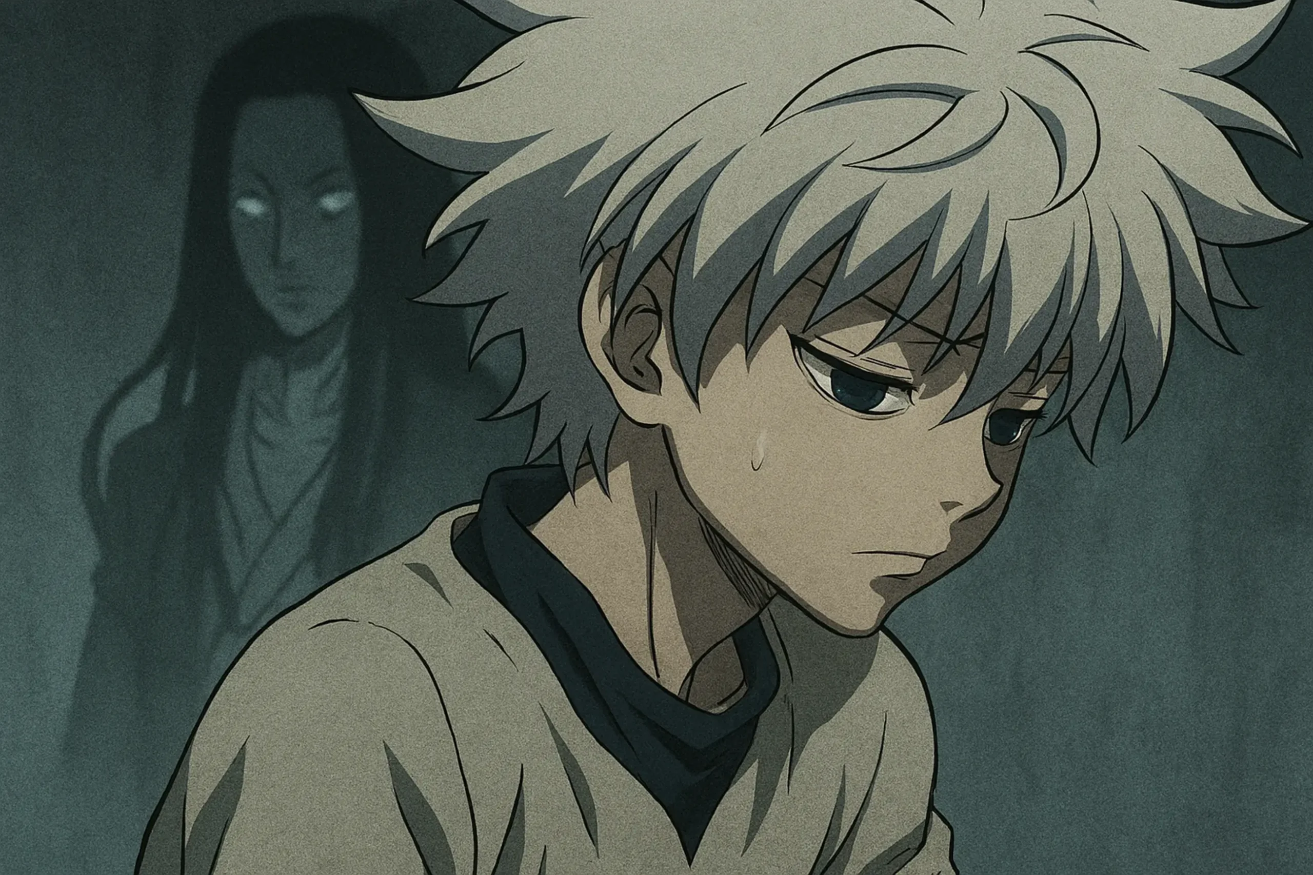 Killua Zoldyck in a moment of internal conflict, with subtle shadowy figures of his family, representing the emotional cost and manipulation faced by this genius loner trope.