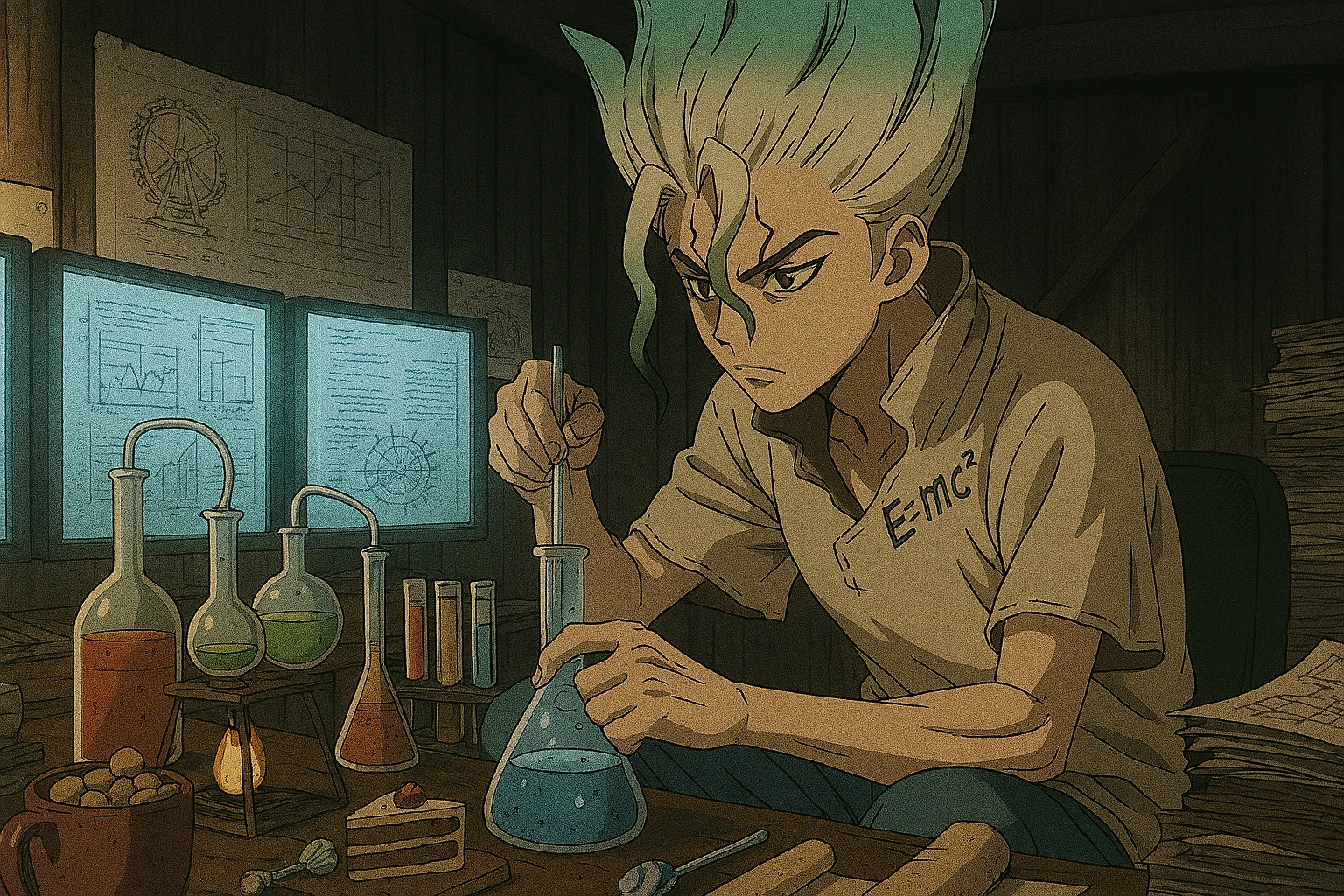 Senku Ishigami alone in his Stone World lab, intensely focused on a scientific experiment, symbolizing his innovative genius and isolated efforts to rebuild civilization as a genius loner trope.