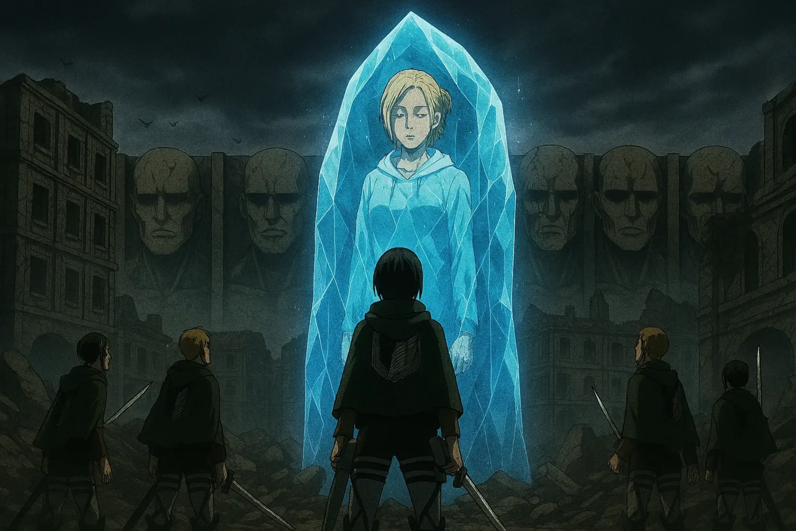 Annie's 'Absolute Stalemate' using Crystallization and Hardening, sacrificing her freedom for safety as the Survey Corps watches helplessly