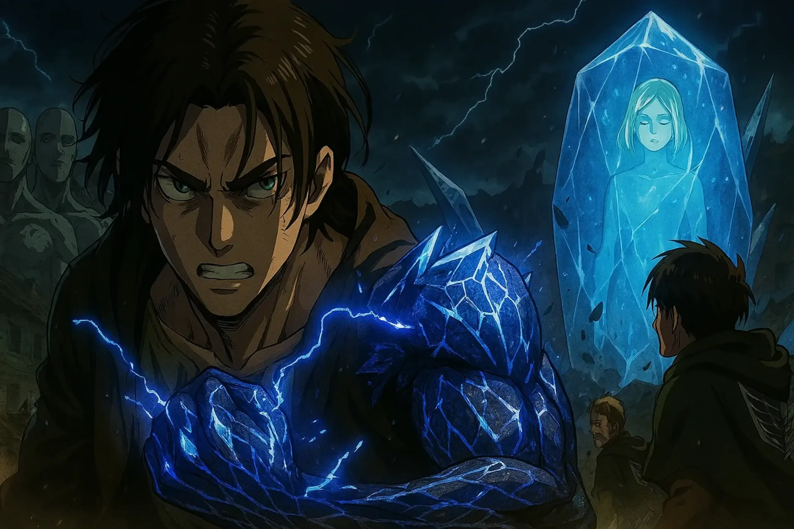 Eren's Attack Titan uses creative Crystallization and Hardening to plug Wall Maria, showing the power as a tool of creation and effort.