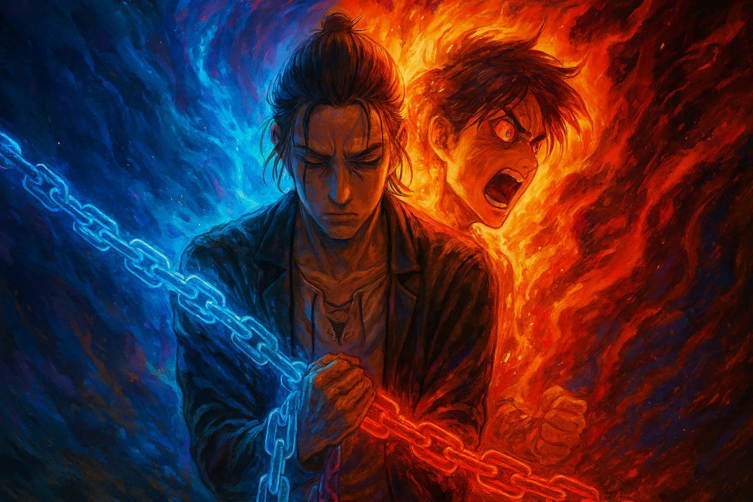 Attack Titan's foresight Eren Yeager is split in two: a blue 'destiny' side with a chain on the left, and a red 'effort' side with his angry younger self on the right.