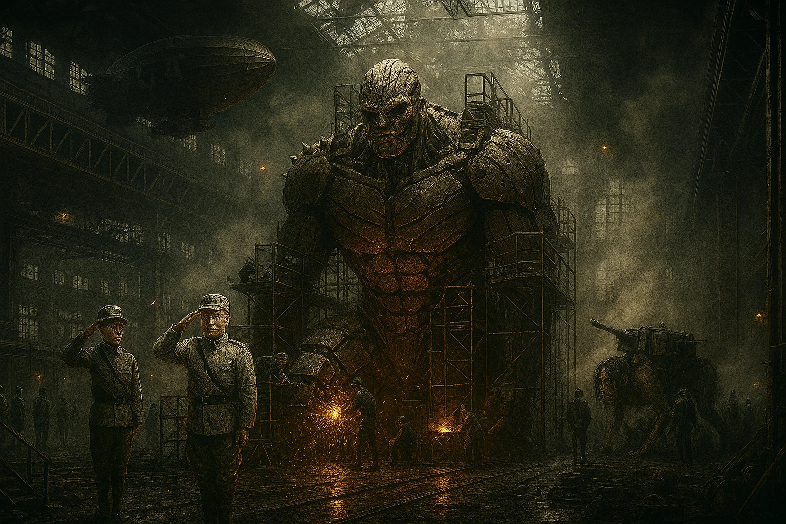 Cinematic shot of the Armored Titan being repaired in a scaffolding hangar, illustrating the Marleyan Titan-Industrial Complex and military inventory.