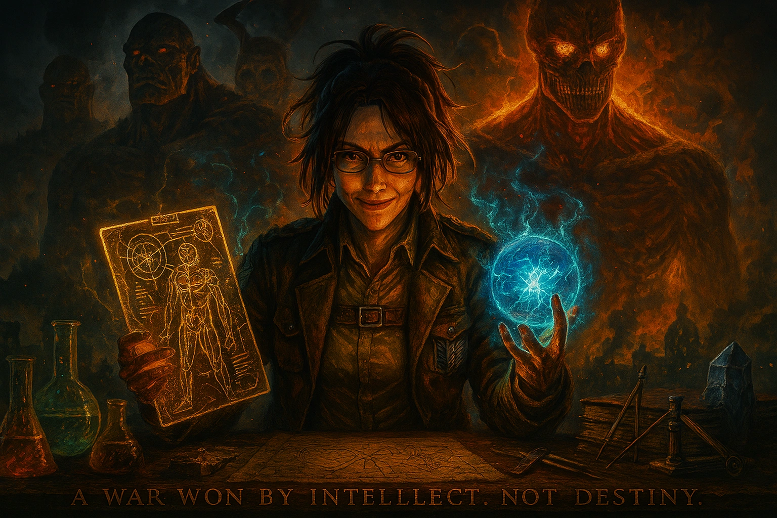 Hange Zoë standing defiantly with scientific blueprints and blue energy against Armored and Colossal Titan silhouettes, visualizing the Secret Science of Hange Zoë that triumphed over destiny.