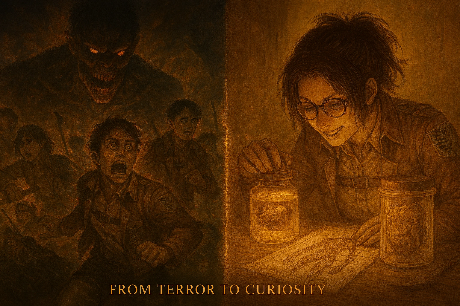 A split image showing terrified soldiers on one side and Hange Zoë's focused curiosity over Titan samples, illustrating the shift from terror to scientific inquiry.