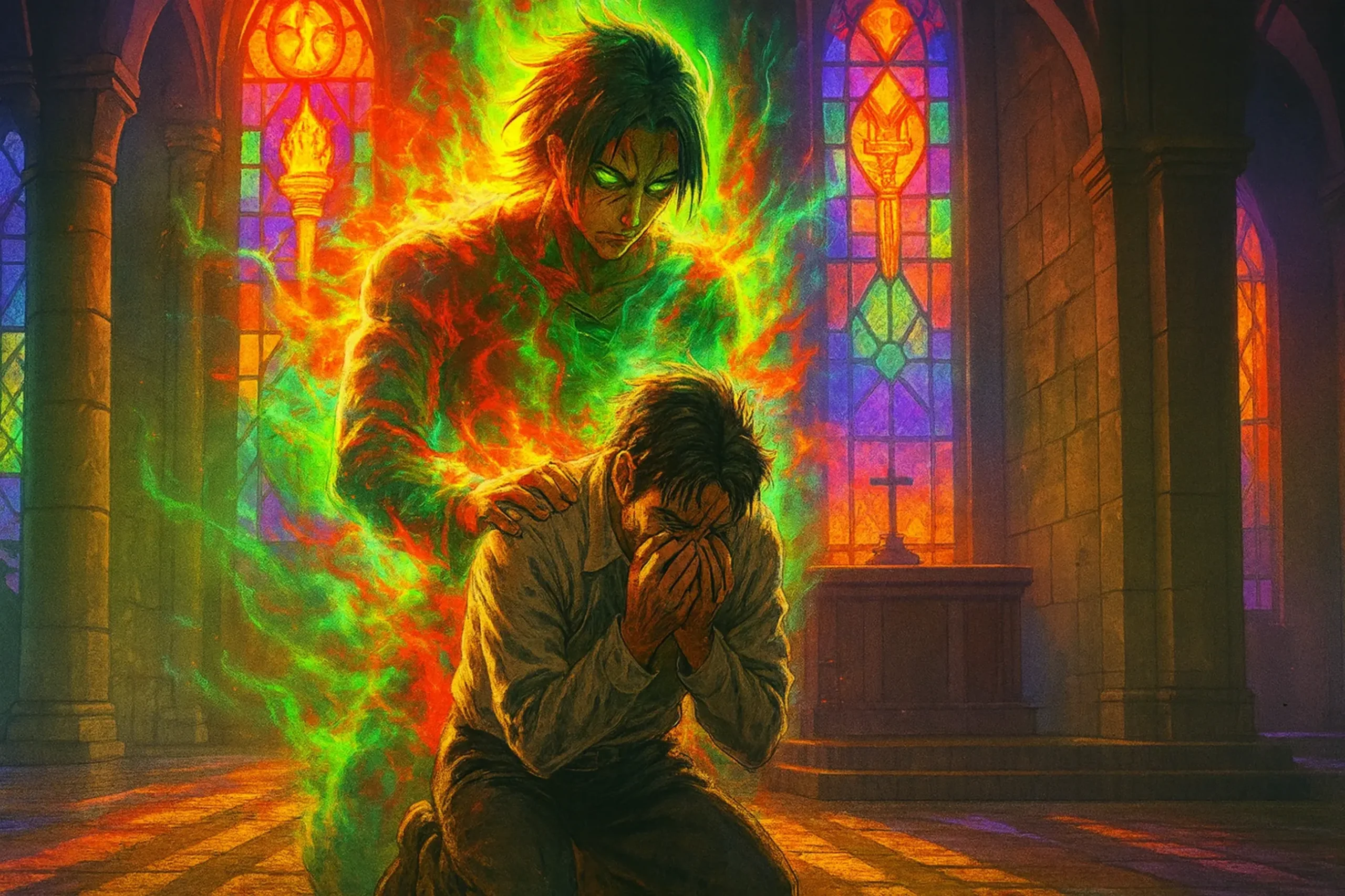 Attack Titan's foresight Grisha Yeager cries in the Reiss chapel while a massive, spectral Eren, glowing green and red from the future, stands behind him, pushing him forward.