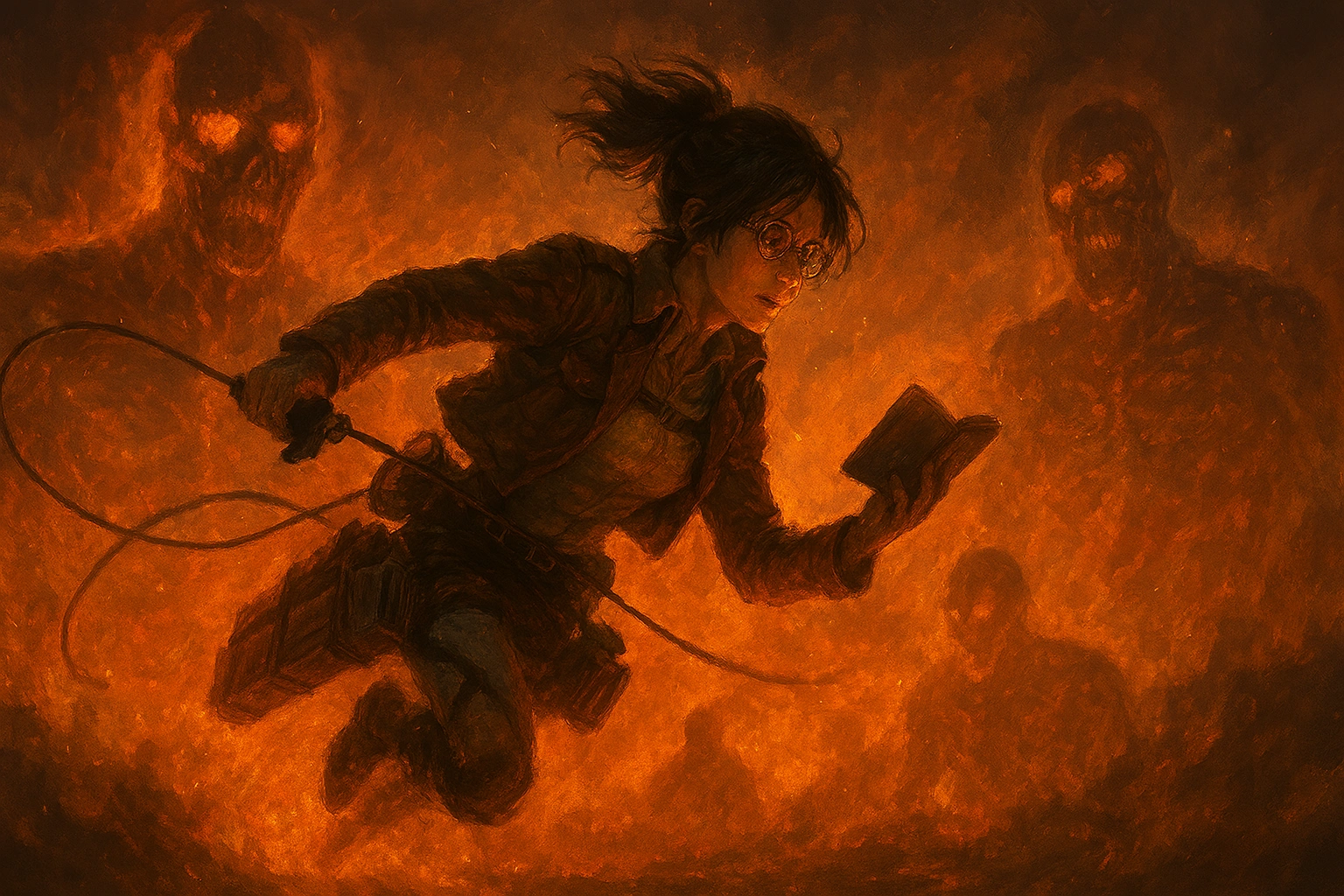 Hange Zoë, engulfed in flames, observing colossal Titans with analytical awe during her final stand, a testament to her unwavering scientific spirit.