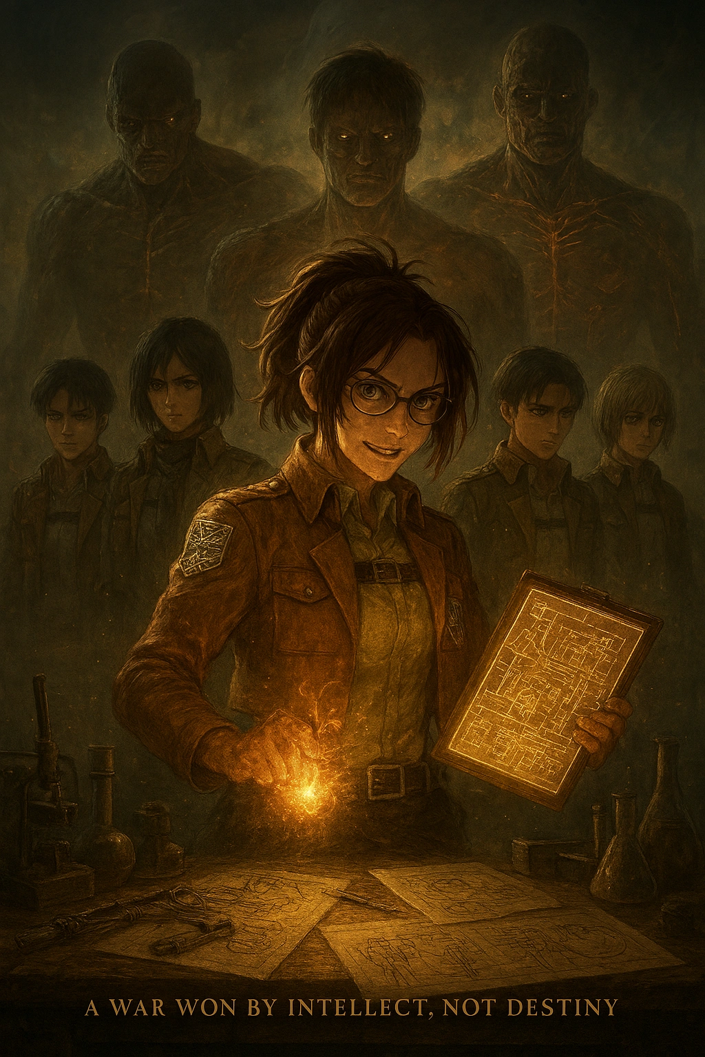Hange Zoë, surrounded by Survey Corps and Titans, showcasing the Secret Science of Hange Zoë with glowing blueprints and scientific tools