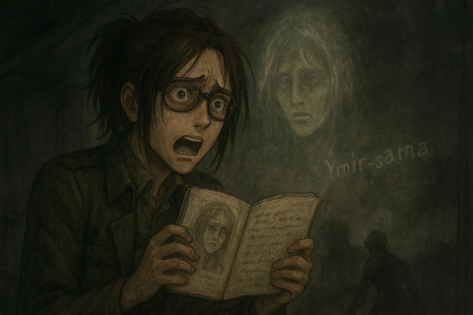 Hange Zoë reacting with horror to Ilse Langnar's notebook, revealing the devastating truth about Titans and their human origins.
