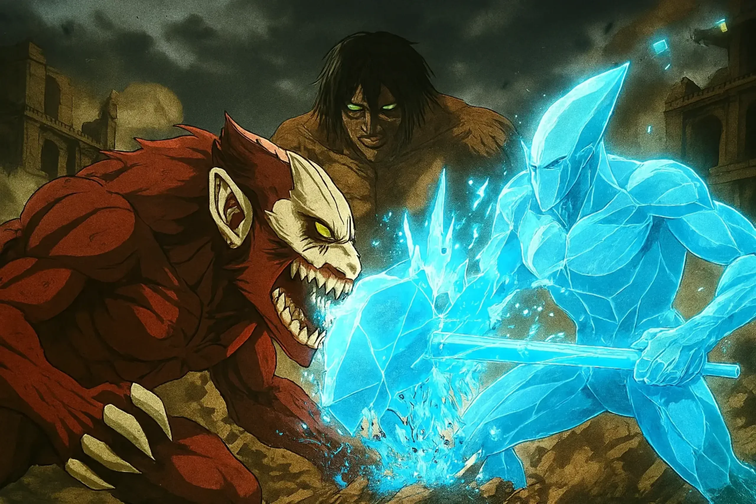 The 'Rock-Paper-Scissors' anomaly, as the Jaw Titan's claws shatter the 'unbreakable' Crystallization and Hardening of the War Hammer.