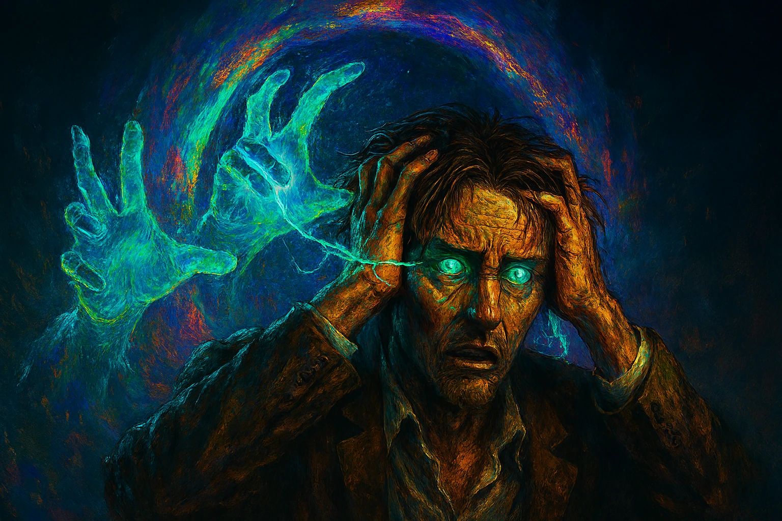 Attack Titan's foresight Eren Kruger holds his head in distress, his eyes glowing, as spectral blue hands reach for him from behind, symbolizing future influence.