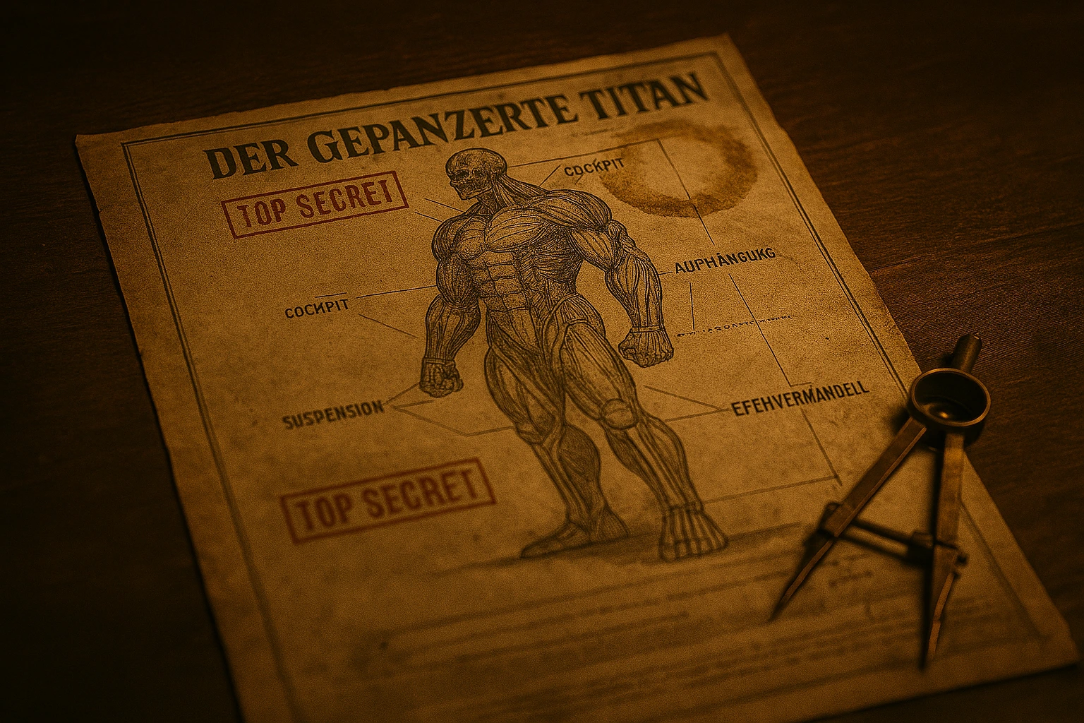 A vintage military blueprint schematic of the Armored Titan created by the Titan Biology Research Society.